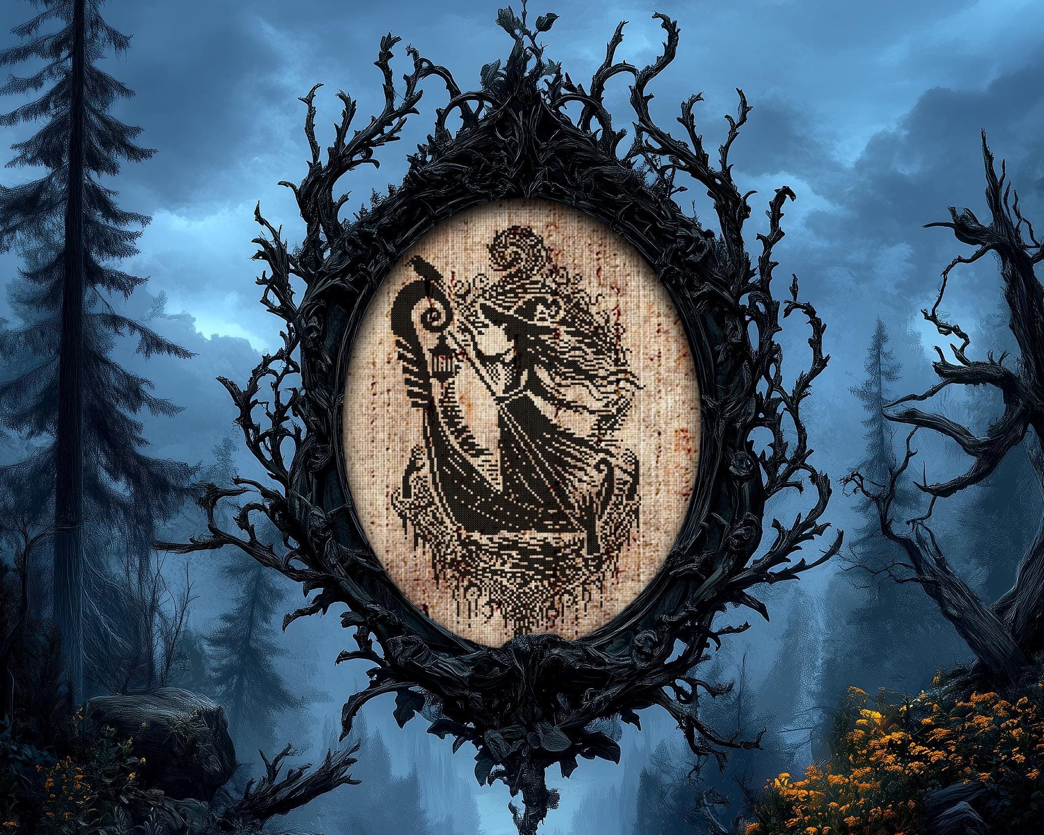 CRESCENT モノクロパッチワーク ブラウス【極美品】カタログ掲載 Woodcut Psychopomp Witch Cross Stitch Pattern Horror Gift for Goth