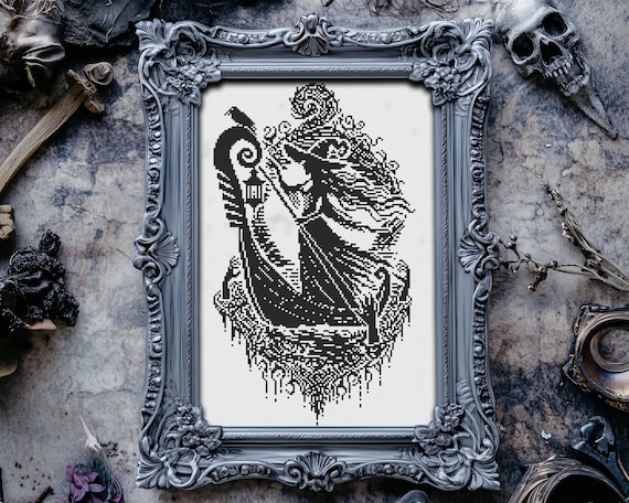 Woodcut Psychopomp Witch Cross Stitch Pattern Horror Gift for Goth