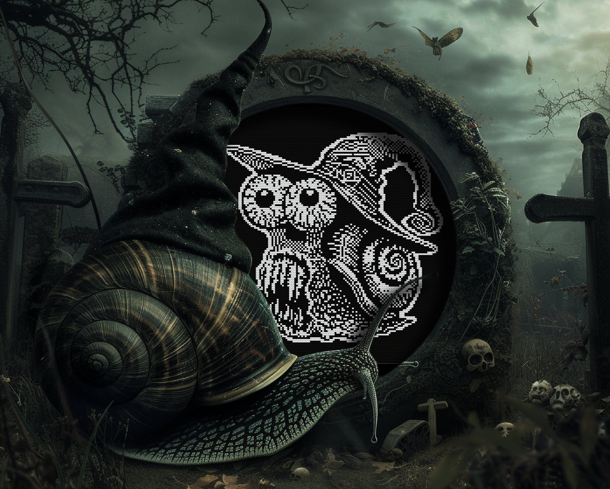 Undead Patterns Necromancer Snail Cross Stitch Pattern Horror Gift for Goth X-stitch ...