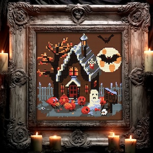 Winter Witch Cottage Cross Stitch Pattern Horror Lover Gift for Goth X-Stitch Ghost Spooky Cross Stitch Chart Halloween Cross Stitch Modern