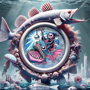 以下が含まれることがあります： 大きな魚、骨格の魚、そして鎌を持った魚に乗った骨格の図形の額縁入り画像が描かれた、シュールな水中シーン。画像はクラゲやその他の海洋生物に囲まれている
