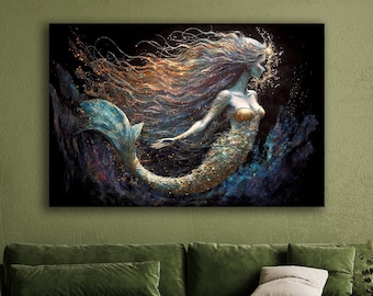 Mermaid Wall Decor, Mermaid Canvas Print, Mermaid Decor For Her, Mermaid Wall Hanging, Beach House Gift, Kids Room Decor, Nursery Wall Decor