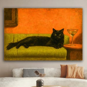 Czarny kot z wydrukiem artystycznym Martini, uroczy, dziwaczny, kapryśny, sztuka koktajlowa, dekoracja wózka barowego, prezent z wydrukiem artystycznym, zabawna sztuka kota, słodka sztuka ścienna z kotem