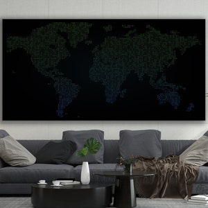 Binary Code World Map, Binary Code Wall Decor, World Map Wall Art, Office Decor, Programmers Gift, Software Wall Decor, Huge Canvas Decor