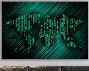 Binary Code World Map, Binary Code Wall Art, World Map Wall Decor, Office Wall Decor, Programmers Gift, Software Wall Decor, Huge Canvas Art