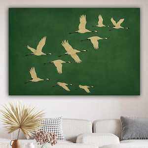 Emerald Cranes Wall Art, Gold Accents Japanese Canvas Print, Maximalist Emerald Green Decor for Eclectic Home, Large Bird Artwork Gift