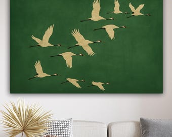 Arte mural de grullas esmeralda, impresión japonesa en lienzo con detalles dorados, decoración maximalista verde esmeralda para un hogar ecléctico, obra de arte de pájaro grande para regalar.
