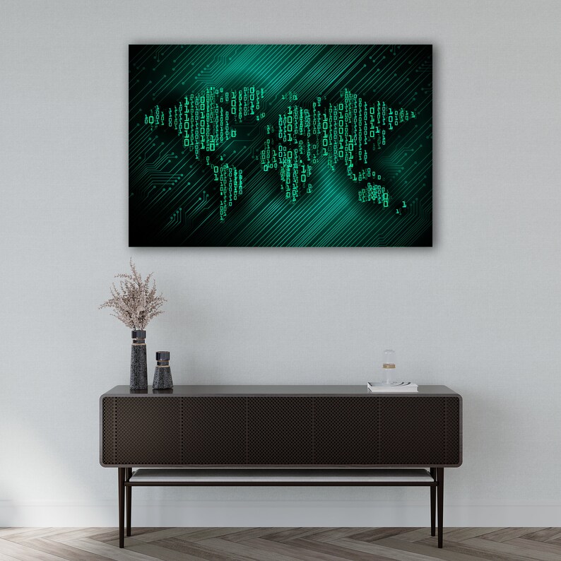 May include: A teal and black digital art print of a world map made of binary code. The print is hanging on a white wall above a dark brown console table.