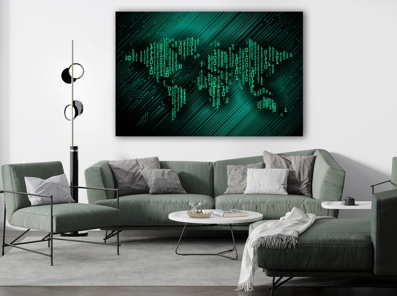 May include: A digital art print of a world map made of binary code on a dark green background with a subtle diagonal pattern.