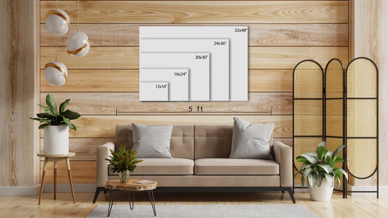 May include: A white canvas mockup showing different sizes of canvas prints, with measurements in inches. The canvas prints are displayed on a wood wall with a couch and plants in the foreground. The text "5 ft" is printed below the canvas prints.