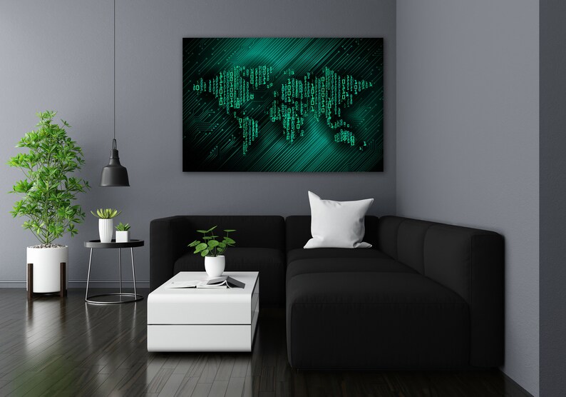 May include: A black sectional sofa with a white pillow in front of a teal and black world map print on the wall. The sofa is in a modern living room with a white coffee table and potted plants.