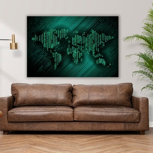 May include: A digital art print of a world map made of green circuit board lines on a dark blue background. The print is hanging on a white wall above a brown leather sofa.