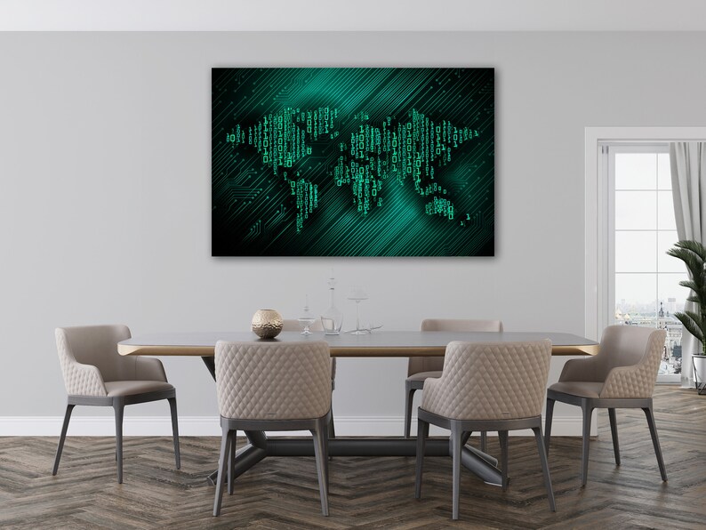May include: A modern dining room with a teal and black abstract world map print hanging on the wall. The print is made up of lines and binary code. The room has a wooden floor and a large dining table with four chairs.