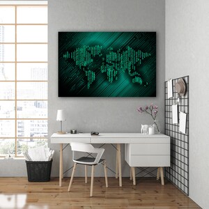 May include: A white desk with a black chair and a green and black digital world map print hanging on the wall above the desk.