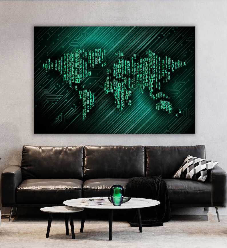 May include: A digital art print featuring a world map made of green circuit boards and binary code. The background is a dark blue with green lines.