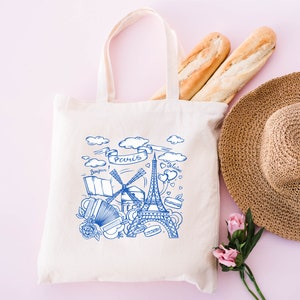 Paris BaumwolleEinkaufstasche, Blaue Paris Grafiktasche, Frankreich Einkaufstasche, Paris Geschenke, Eiffelturm Einkaufstasche, Frankreich Charm Tasche, Paris bedruckte Tasche