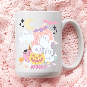 Taza de café de Halloween en colores pastel, 15 oz, truco o trato, lindos fantasmas espeluznantes, taza de café con calavera, taza de Jack O&#39;Lantern, murciélagos, taza de café espeluznante en colores pastel