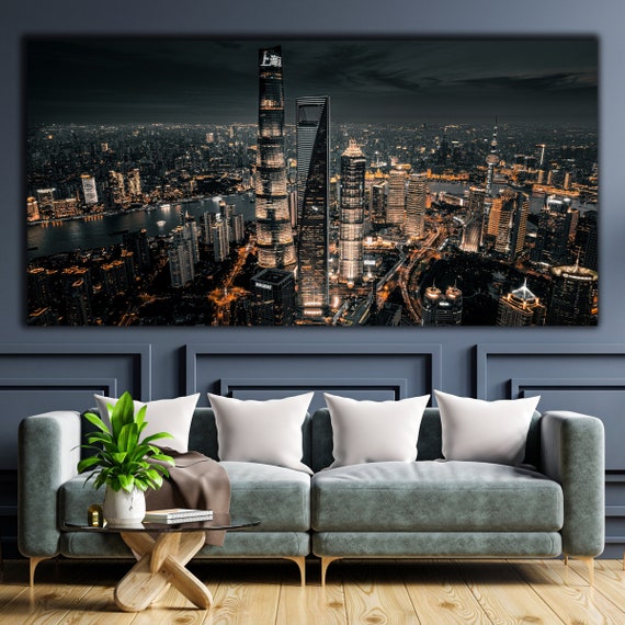 Modern City Wall Decor City at Night Wall Art Huge Canvas Etsy