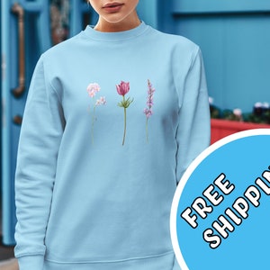 Vintage sweatshirt met geperste bloemen, boho cottagecore-trui, pastelkleurige botanische bloemen ronde hals, Fairycore, sweater met wilde bloemen