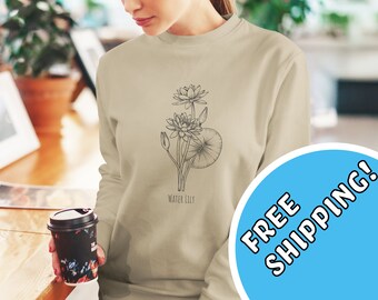 Water Lily Flower Sweatshirt, Comfort Colors, Boho, Cottagecore, Crewneck, Garden, Botanical, Floral, Pullover, Wildflowers Sweater