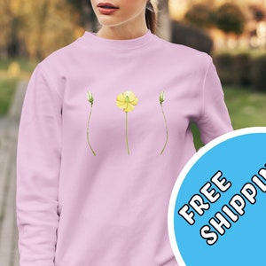 Vintage sweatshirt met geperste bloemen, boho cottagecore-trui, pastelkleurige botanische bloemen ronde hals, Fairycore, sweater met wilde bloemen