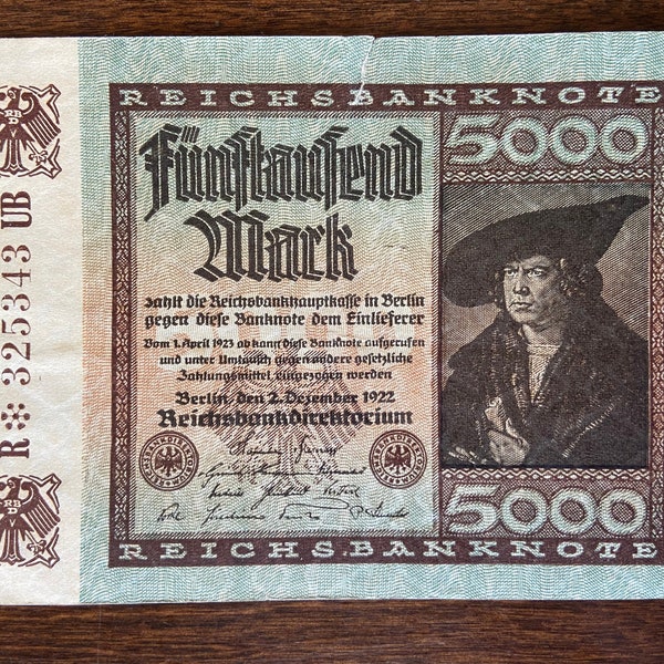 1922 Germany Reichs Banknote 5000 Marks Paper Money Treasury Note