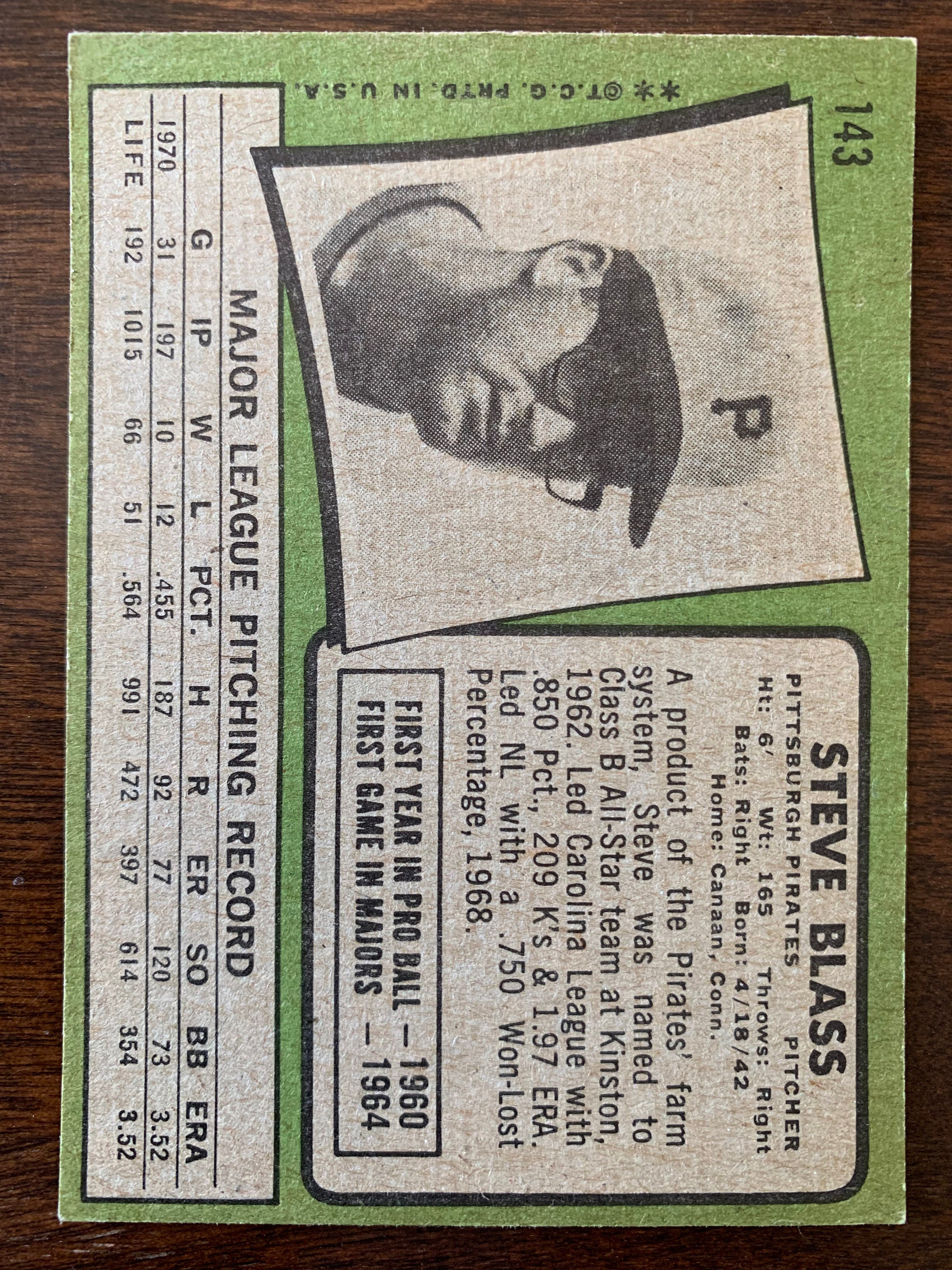 1971 Topps Baseball Card STEVE BLASS #143 Pittsburgh Pirates EX+ - Etsy