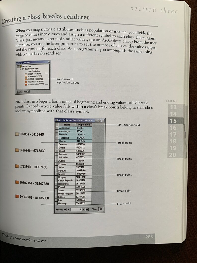 Peut inclure: Une page d'un manuel sur la cr&eacute;ation de rendus de classes de rupture dans les syst&egrave;mes d'information g&eacute;ographique (SIG). La page comprend un tableau montrant les donn&eacute;es de population pour divers pays d'Europe du Sud-Ouest, avec un champ de classification et des points de rupture pour chaque classe. Le texte explique comment utiliser les classes de rupture pour cat&eacute;goriser les donn&eacute;es et cr&eacute;er une repr&eacute;sentation visuelle des donn&eacute;es.