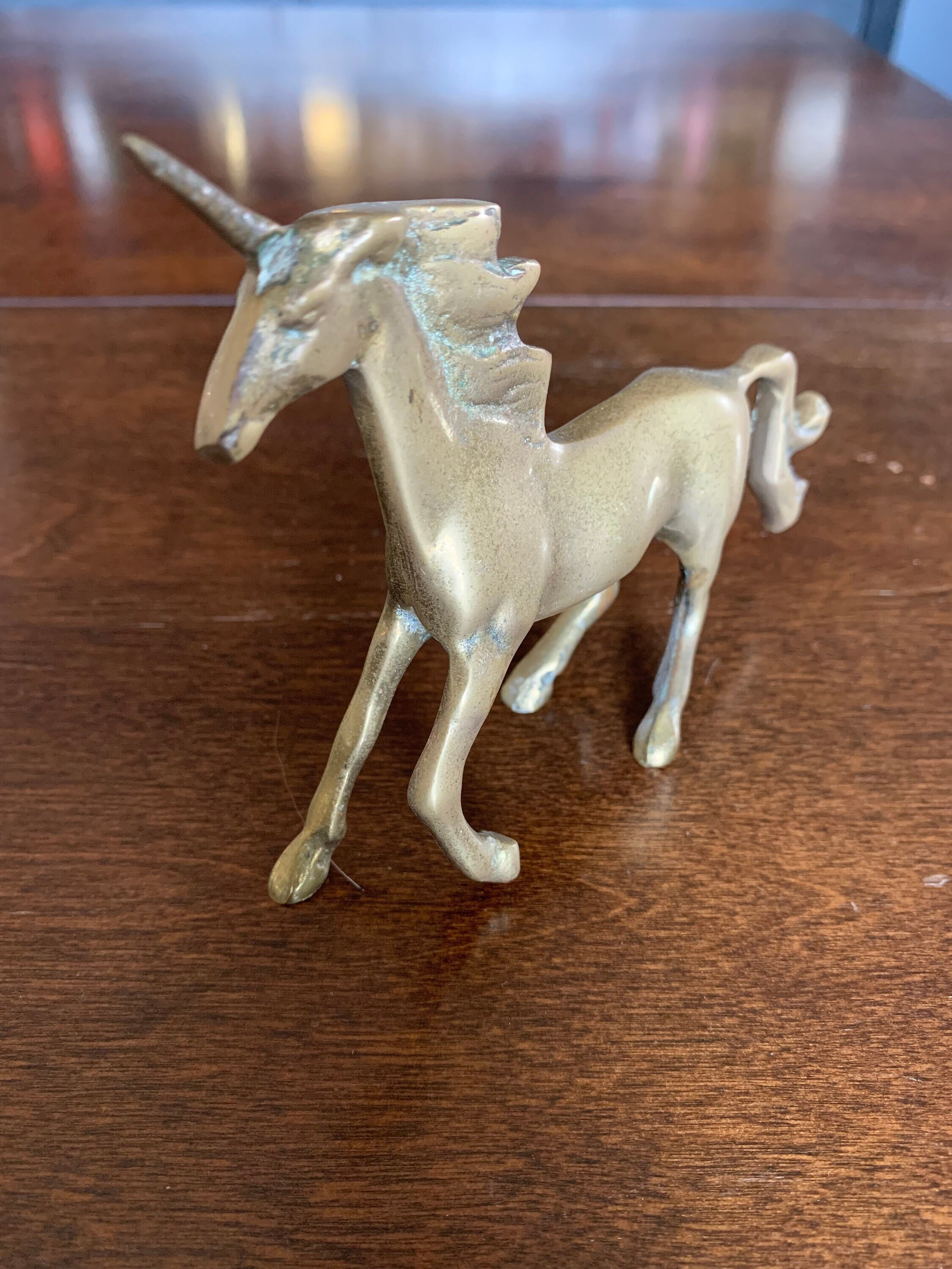 Unicórnio empinado de latão sólido 4 "alta decoração de casa fantasia mítica mágica