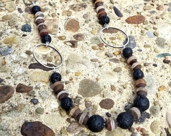 Striped Sphere Tibetan Agate and Lava Bead Necklace
