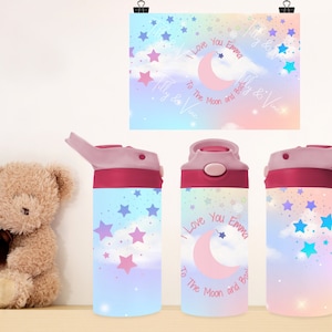 Child&#39;s personalized water bottle, moon and rainbow design, bottle for kids, spill proof cup, girls sippy cup, beach cup, cup for pre school