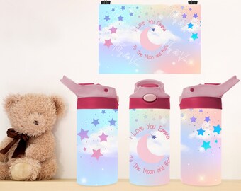 Botella de agua infantil personalizada, diseño de luna y arcoíris, vaso antiderrame.