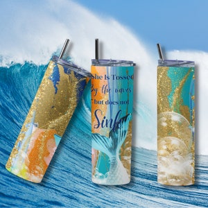 Mermaid cup, &quot;She Is Tossed By The Waves But Does Not Sink&quot;, mermaid tail, skinny tumbler with straw, ready to ship, mermaid tumbler, beach