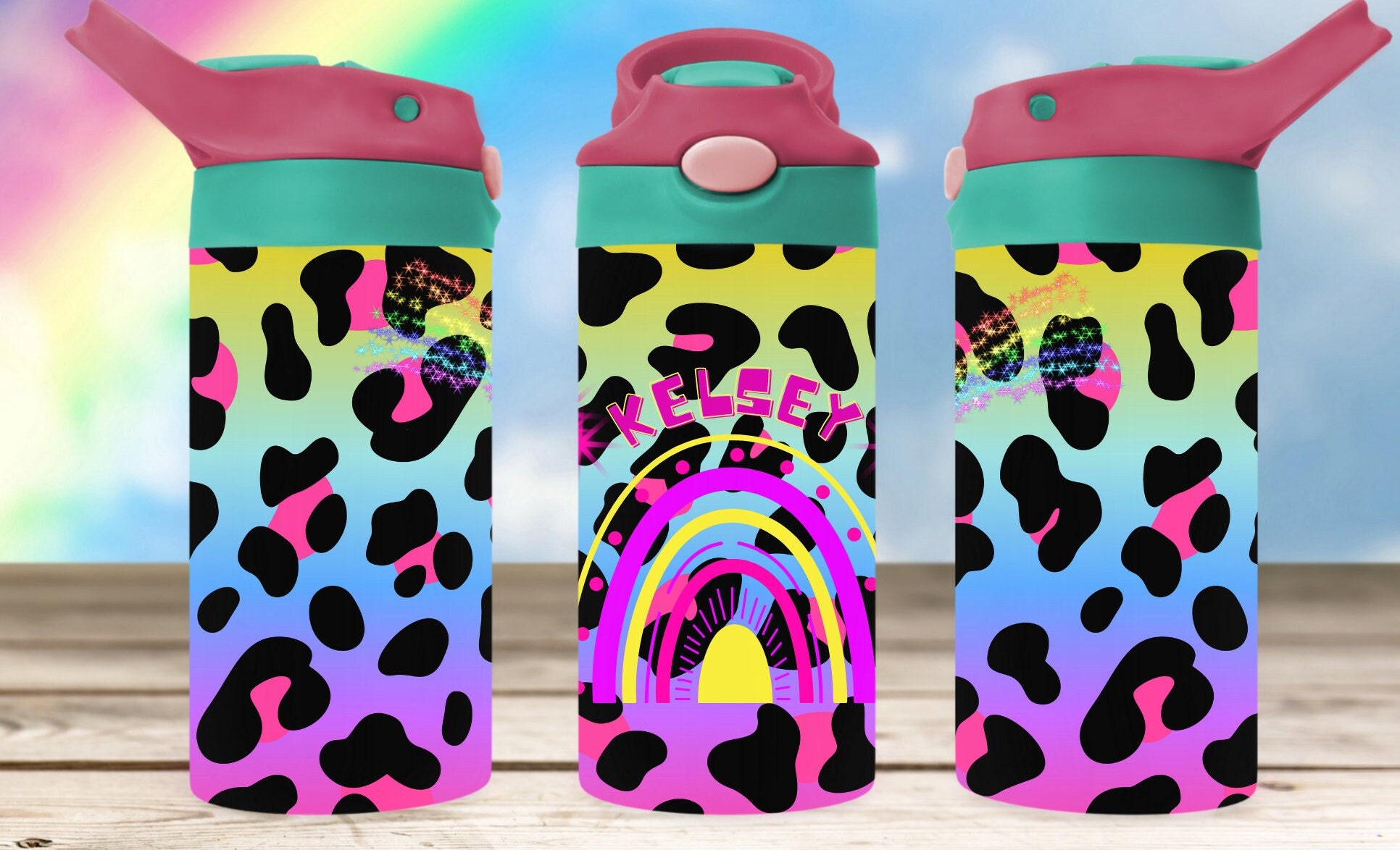 Cheetah Water Bottle, Boho Rainbow Water Bottle, Cheetah Flip Top Cup,  Bottle for Kids, Spill Proof Cup, Kids Sippy Cup, Beach Cup 