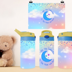 Child&#39;s personalized water bottle, moon and rainbow design, bottle for kids, spill proof cup, kids sippy cup, beach cup, cup for pre school
