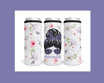 Floral Mom Life Skinny Can Cooler, Slim Drink Holder