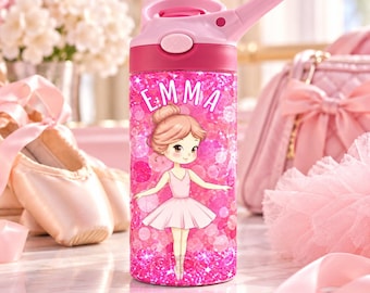 May include: A pink water bottle with a straw lid featuring a glittery finish and a graphic of a ballerina in a pink tutu. The name EMMA is printed in white letters above the ballerina. The bottle has a cylindrical shape and a pink cap.