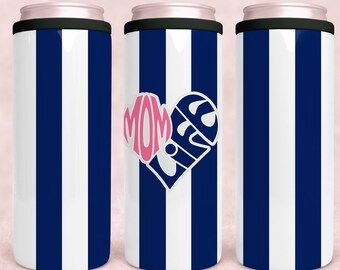 Mom Life Skinny Can Koozie, Insulated Stainless Steel 12oz Cozie