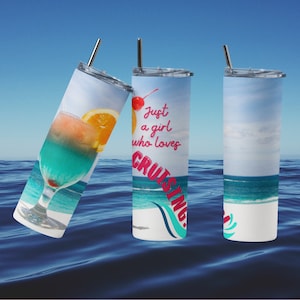 Cruise tumbler for her, cruise gift for her, vacation tumbler for cruise, 20oz skinny tumbler for cruise, keeps drinks cold for hours.