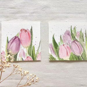 Tulpen | Aquarellbild | Miniatur Aquarell | Original handgemalt |  Wanddeko | 10x10cm  | Geschenk | Natur- Liebhaber