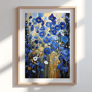 Gustav klimt blue flower garden print: museum exhibition art poster
