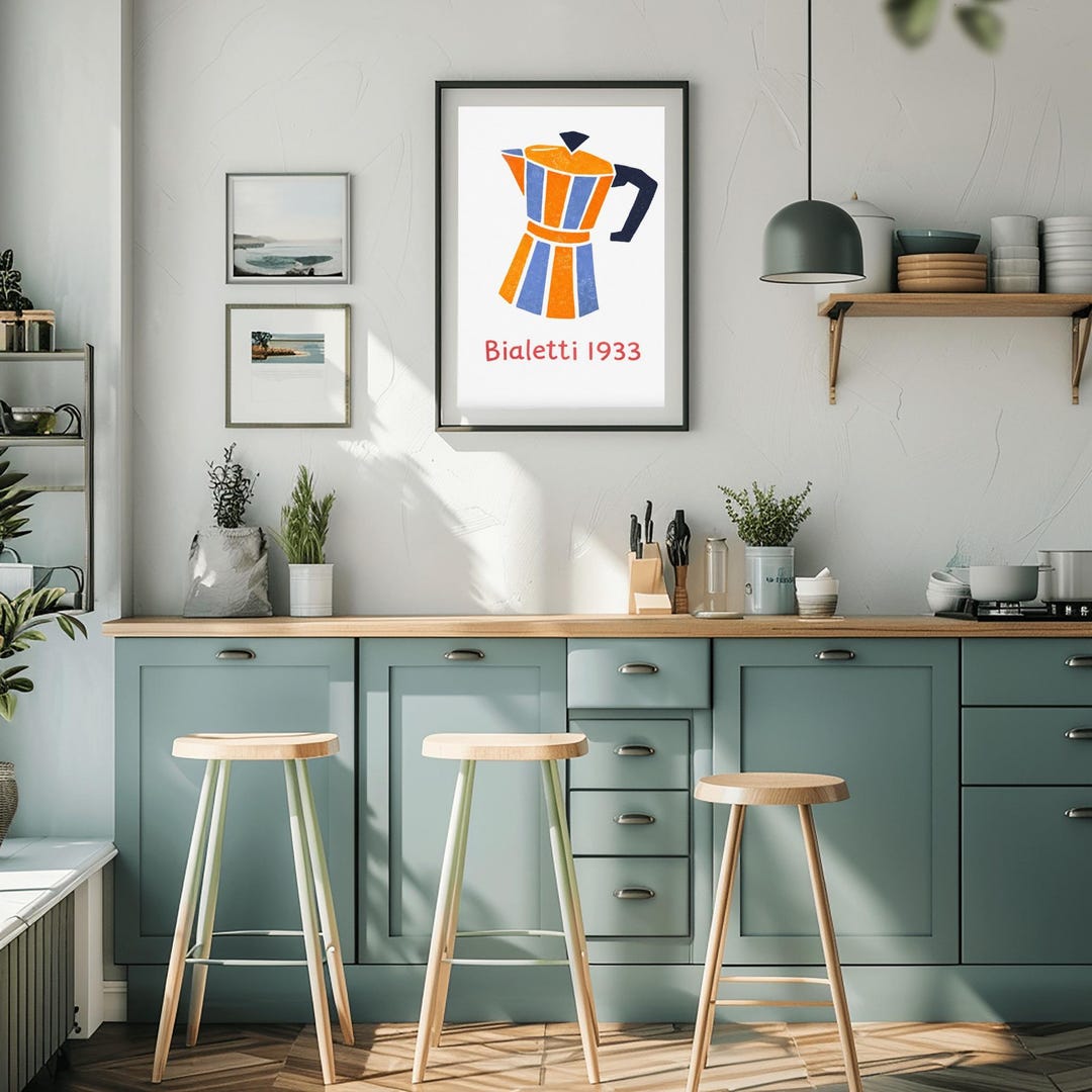 Bialetti Moka Pot Poster - Blue and Orange Italian Coffee Art - Retro ...