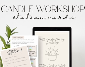 May include: A digital tablet displaying a printable station card for a fall candle making workshop. The card includes instructions for making candles, such as "Smell the scents", "Turn on scales and make sure they are zeroed out", and "Pour the much fragrance oil into your topper". The text "Fall Candle Making Workshop" and "Station Cards & Labels" are also visible on the tablet screen. The image also shows a printed station card with a pumpkin illustration.
