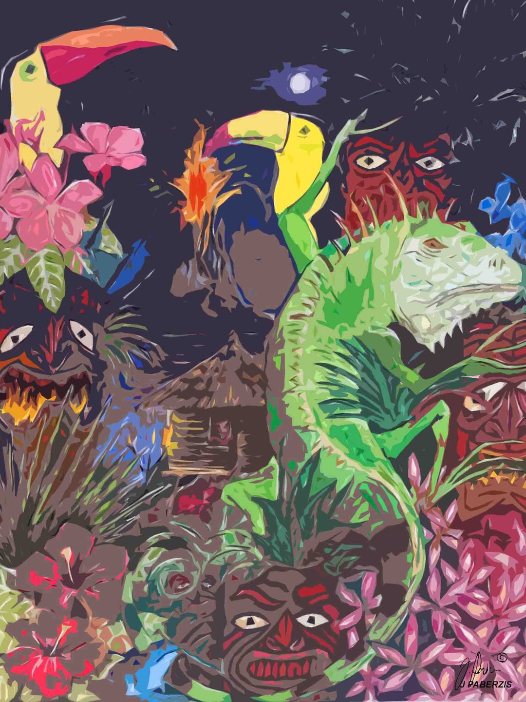 Tropical Tiki Jungle Island Night Tropical Bird Lizard Volcano Blast Eruption Coastal Etsy