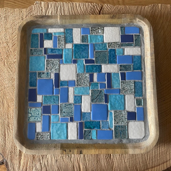 Plateau mosaïque, grès cérame; élément eau, plateau décoratif forme géométrique; cadeau unique; mosaïque