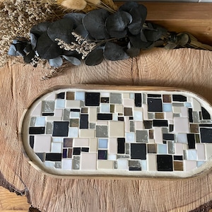 minimalist tray, table art; mosaic art, decoration; black and white