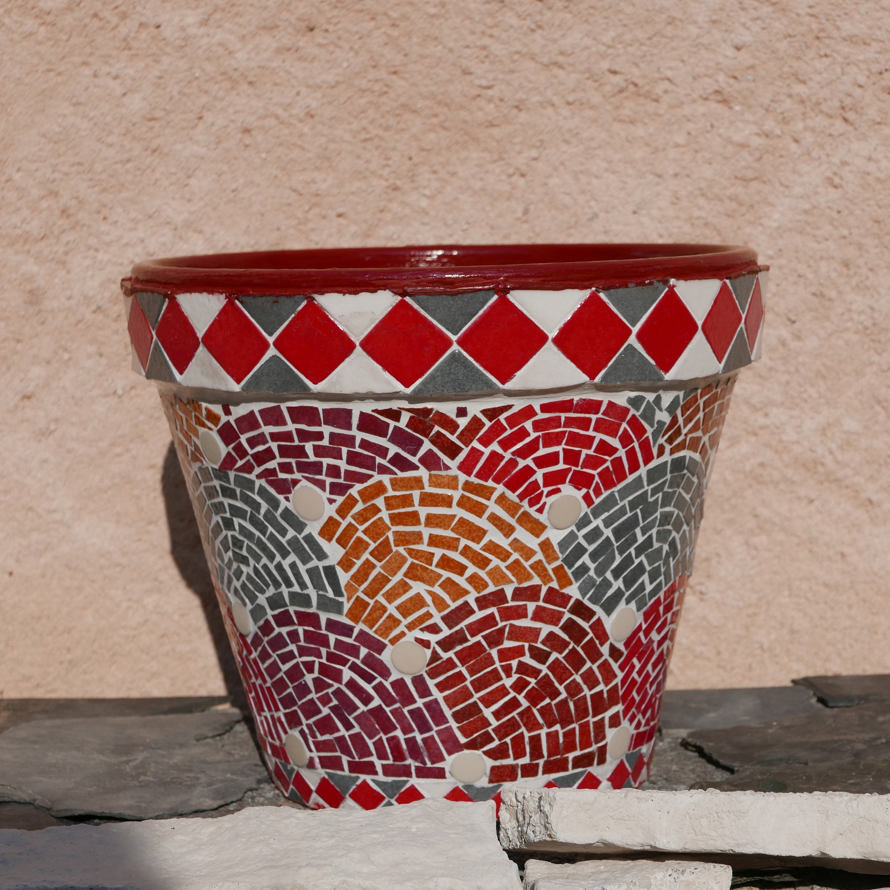 Pot de Fleur en Mosaïque, Tons Rouge, Grand, Jardinière, Terrasse, Intérieur/Extéreur