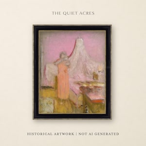 May include: A framed print titled THE QUIET ACRES featuring a historical painting of a figure in an orange dress standing near a bed with a pink canopy. The artwork is labeled HISTORICAL ARTWORK | NOT AI GENERATED in a black frame.