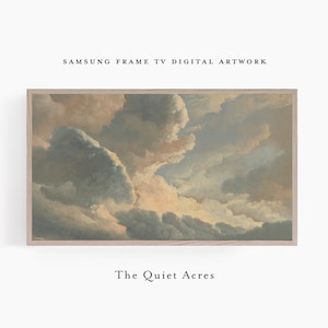 May include: Digital artwork for Samsung Frame TV. The image features a framed painting of a cloudy sky with shades of beige, gray, and blue. The text at the top reads "SAMSUNG FRAME TV DIGITAL ARTWORK" and the text at the bottom reads "The Quiet Acres".