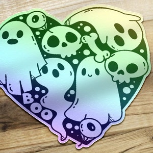 Ghost Holographic Vinyl Sticker, Halloween Heart Sticker, Spooky Sticker, Cute Halloween Sticker, Laptop Sticker, Water Bottle Sticker